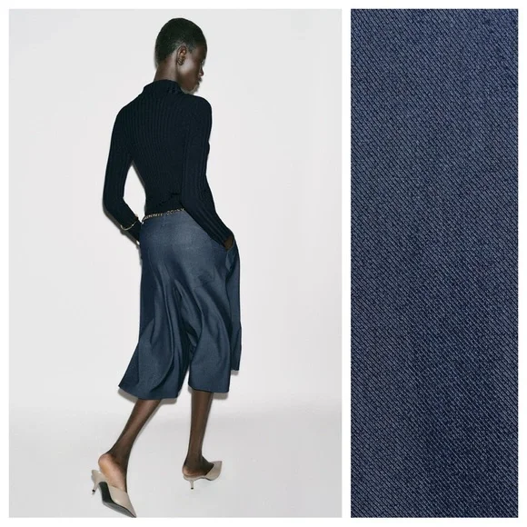 NWT. Zara Blue/Indigo High-Waisted Pleaded Long Shorts. Size S.
